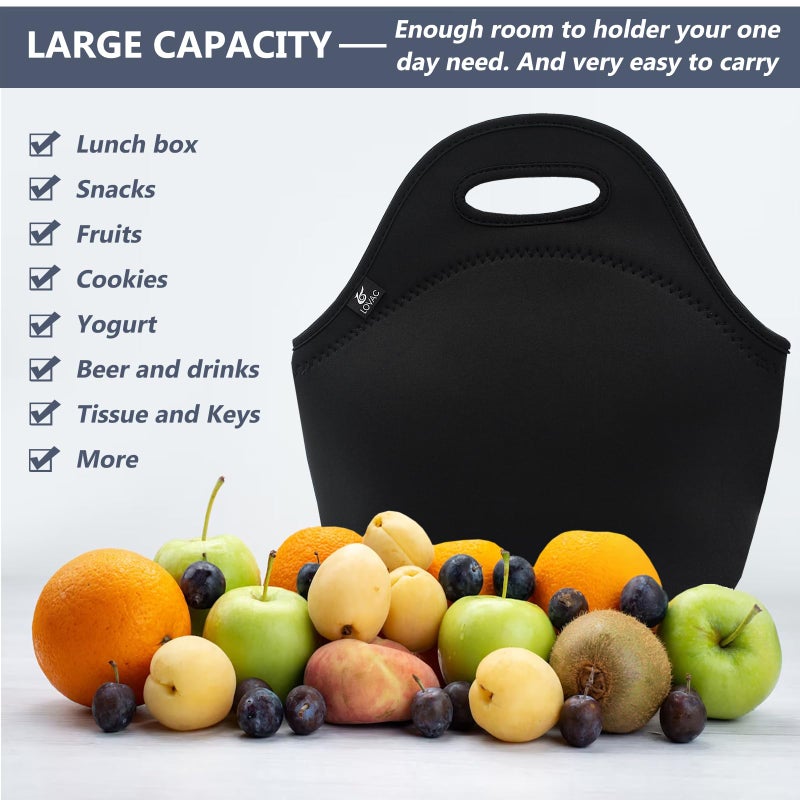 LOVAC Reusable Lunch Bag for Men,Lunch Tote,Durable and Waterproof Neoprene Lunch Bags,Insulated Soft and Lightweight (Pure Black) - Image 4